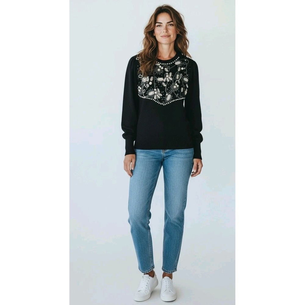 Shannan Vtg Lambswool‎ Angora Beaded Pearl Embellished Sweater Black SZ M #364